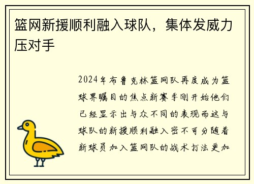 篮网新援顺利融入球队，集体发威力压对手
